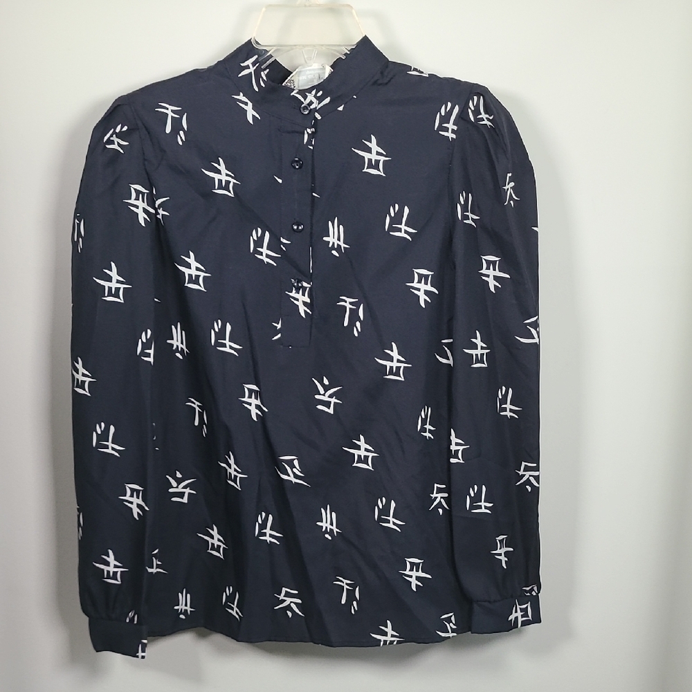 Women's Navy Blue Printed Long-Sleeve Blouse